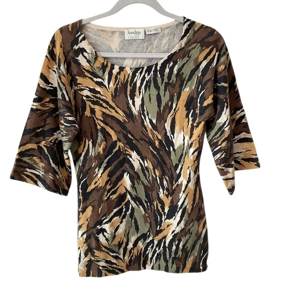 Neiman Marcus Cashmere Sweater Small 3/4 Sleeve Animal Print Luxe Knit